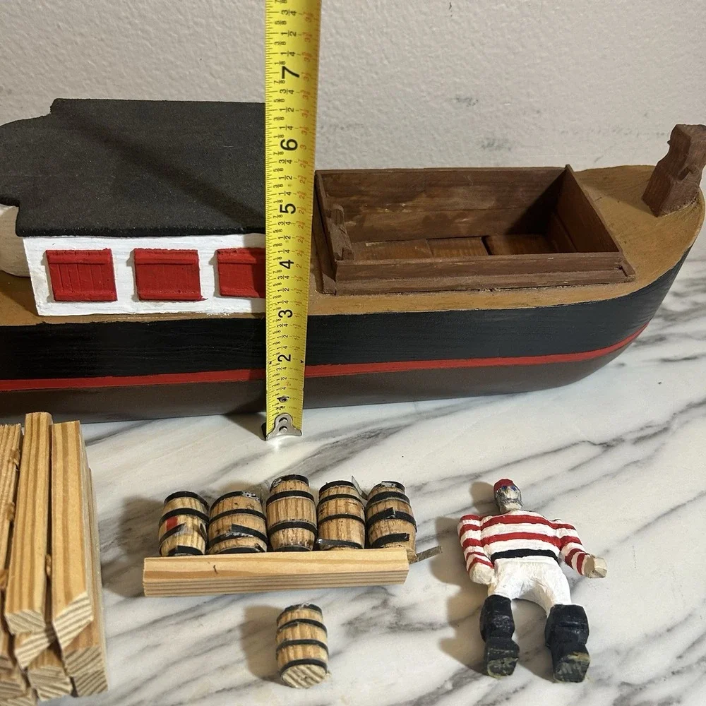 Handmade Vintage Freight Cargo Ship Boat Wooden‎ Toy W' Barrels Logs 15x5